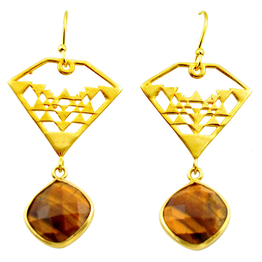 925 silver 13.35cts natural brown tiger's eye 14k gold dangle earrings r32859