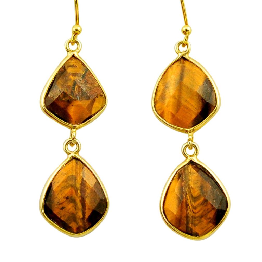 925 silver 20.70cts natural brown tiger's eye 14k gold dangle earrings r32940