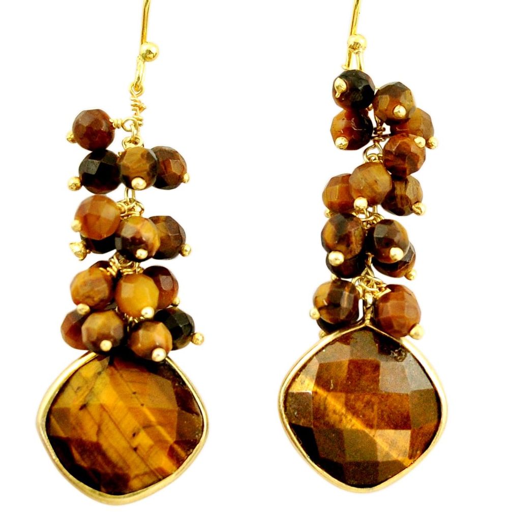 925 silver 25.09cts natural brown tiger's eye 14k gold dangle earrings r38740