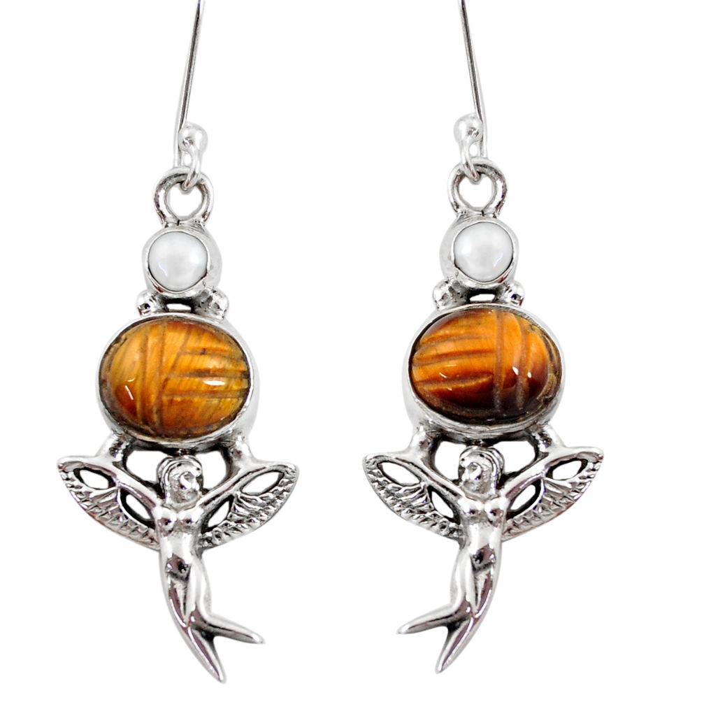 925 silver 10.54cts natural brown tiger's eye angel wings fairy earrings d40515