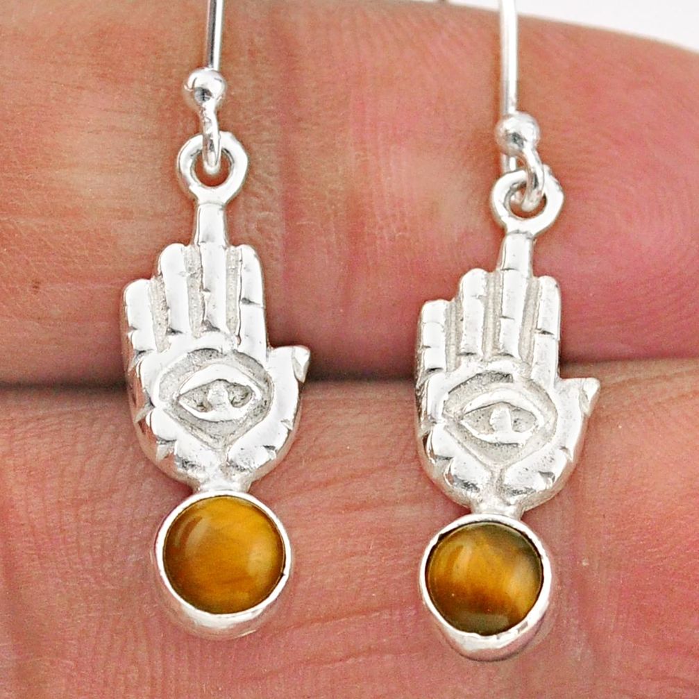 925 silver 1.67cts natural brown tiger's eye hand of god hamsa earrings t89268