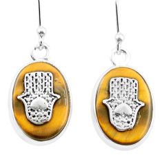 925 silver 11.71cts natural brown tiger's eye hand of god hamsa coin enamel earrings u34674