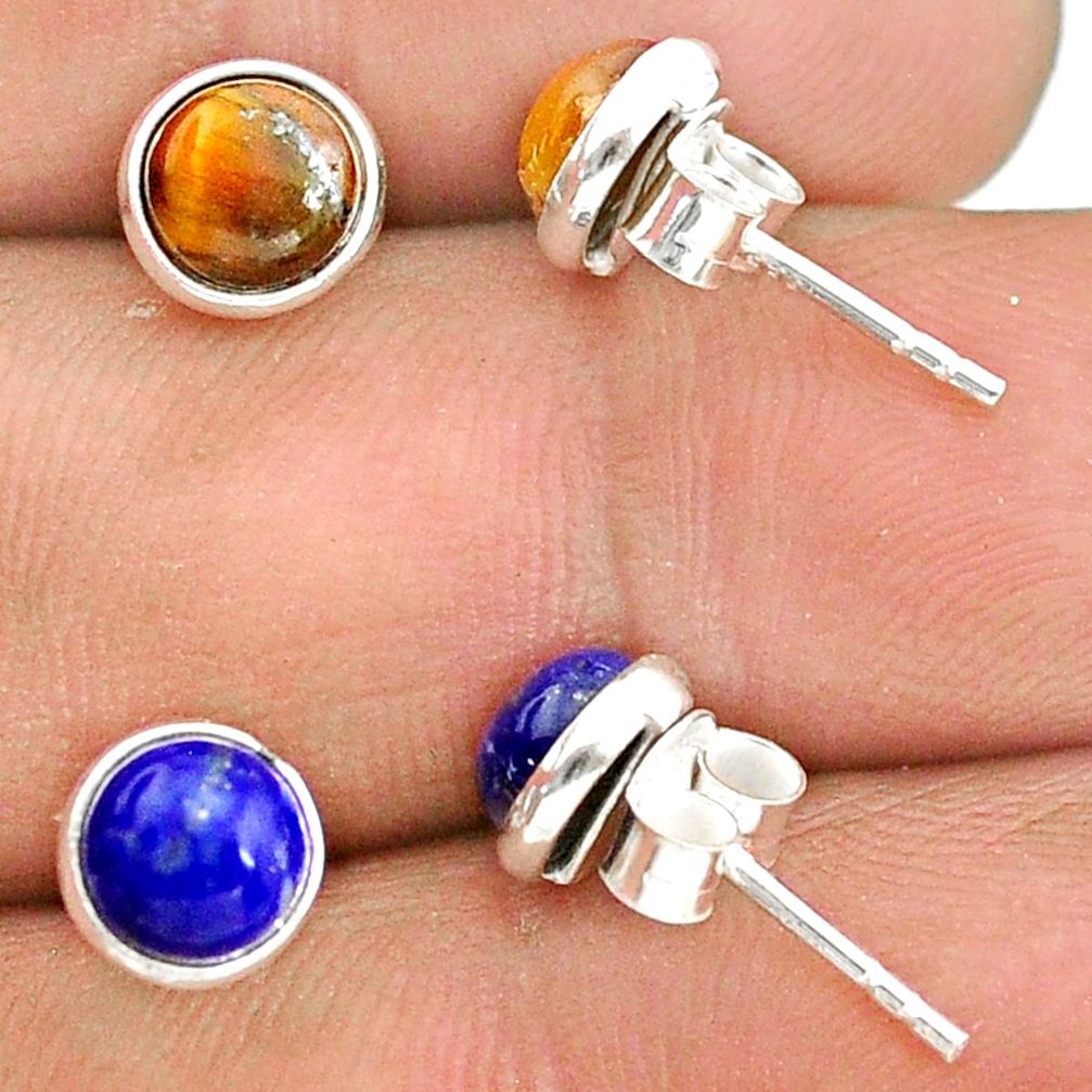 925 silver 4.46cts natural brown tiger's eye lapis lazuli stud earrings t23894