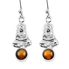 925 silver 1.34cts natural brown tiger's eye round buddha charm earrings y39320