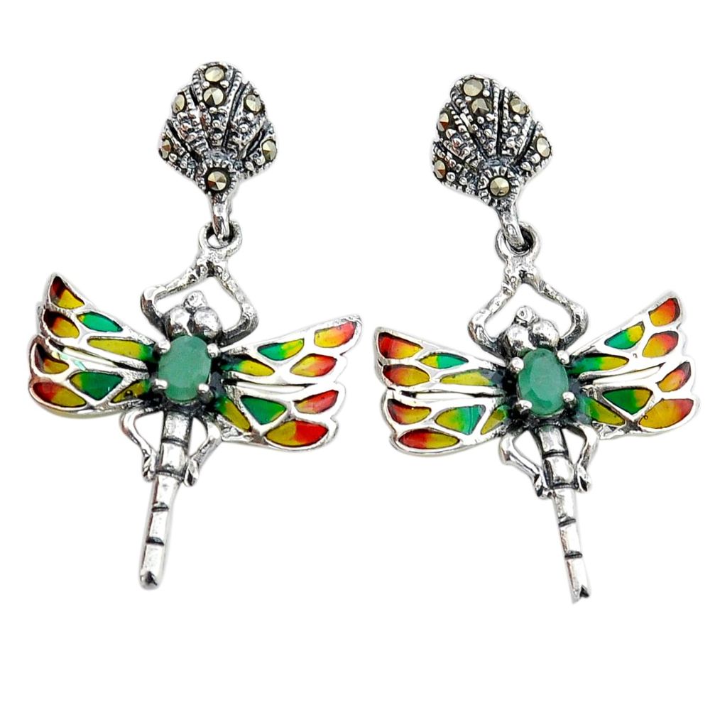 925 silver 1.34cts natural emerald marcasite enamel dragonfly earrings c29607
