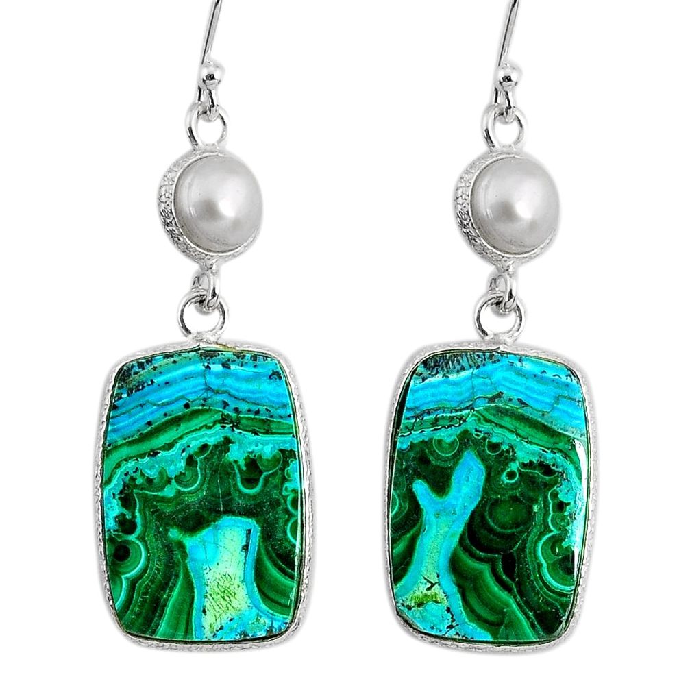 925 silver 18.39cts natural green azurite malachite pearl dangle earrings r75664