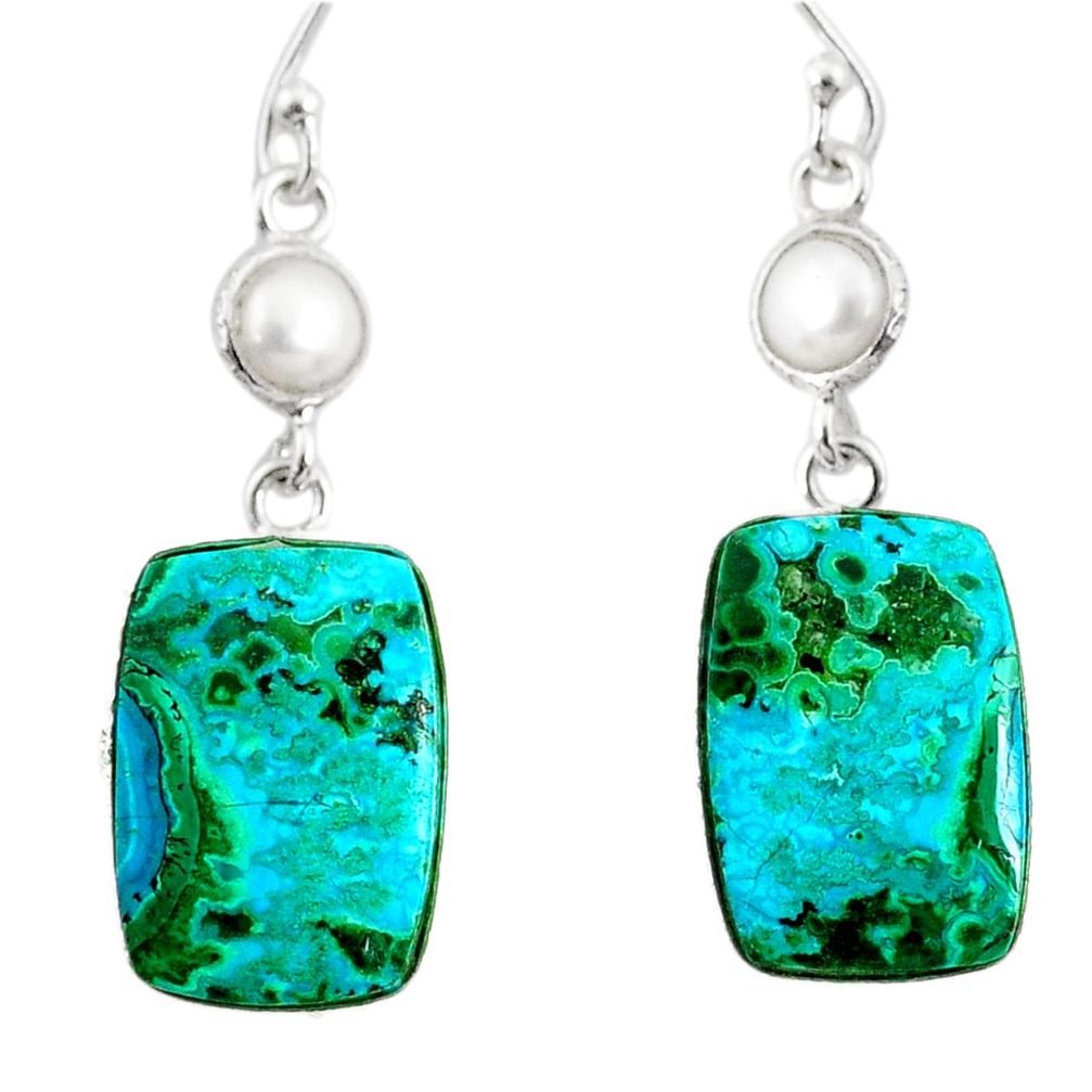 925 silver 16.01cts natural green azurite malachite pearl dangle earrings r75687