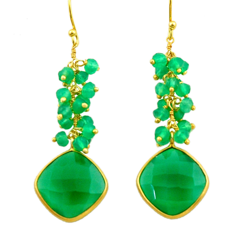 925 silver 18.85cts natural green chalcedony 14k gold dangle earrings r32784