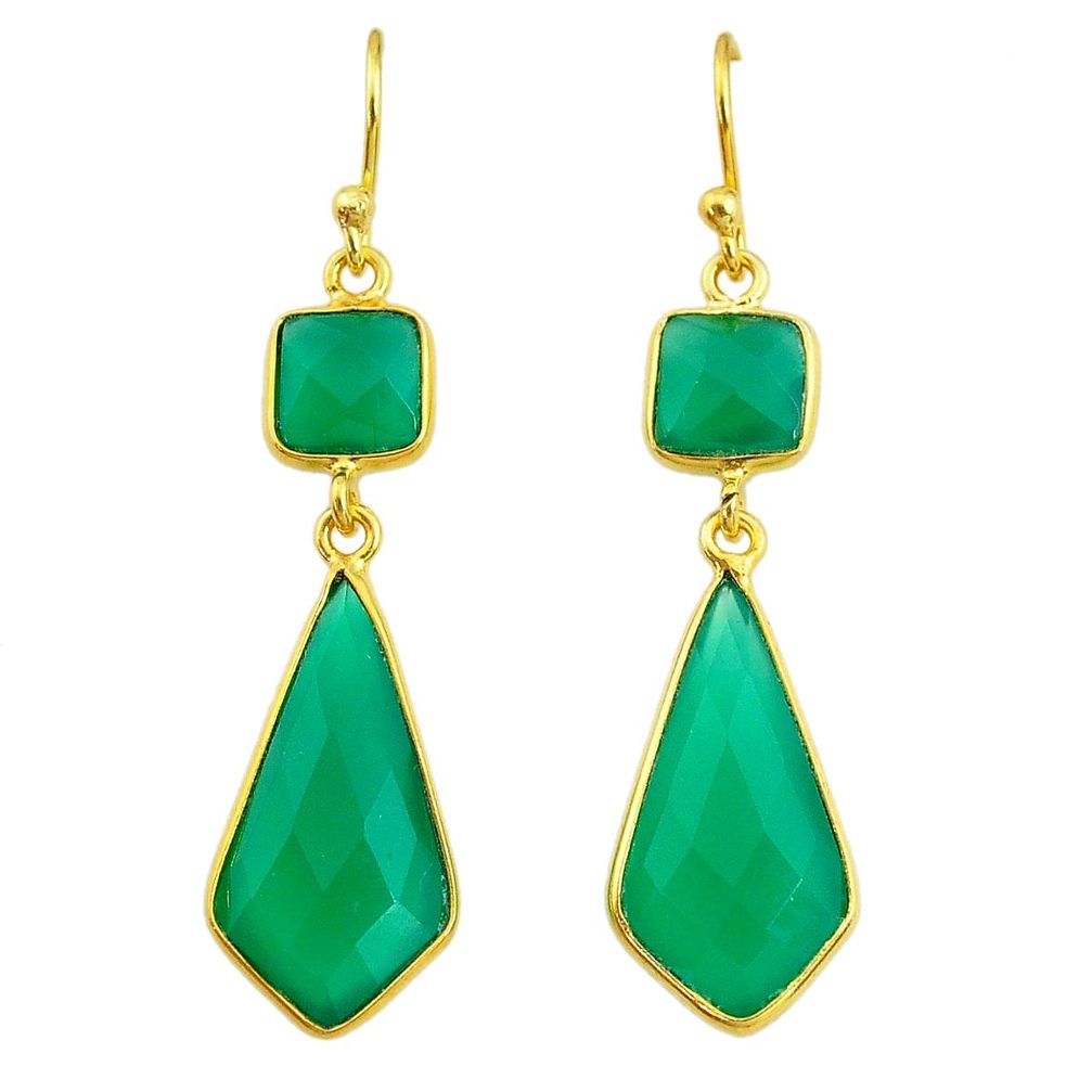 12.99cts natural green chalcedony 14k gold handmade dangle earrings t11648