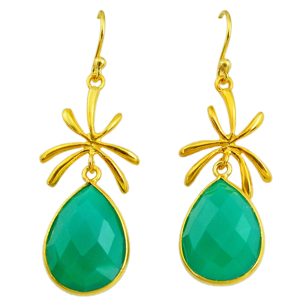 Handmade16.88cts natural green chalcedony 14k gold dangle earrings t16404