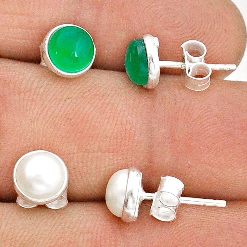 925 silver 4.96cts natural green chalcedony pearl 2 pair stud earrings u96132