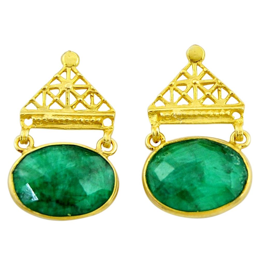 925 silver 20.40cts natural green emerald 14k gold dangle earrings r32748