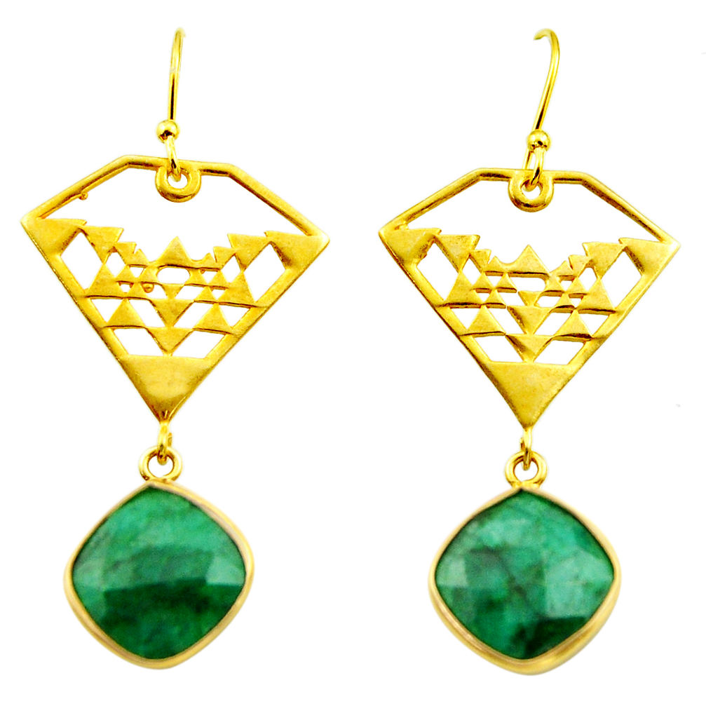 925 silver 13.77cts natural green emerald 14k gold dangle earrings r32847