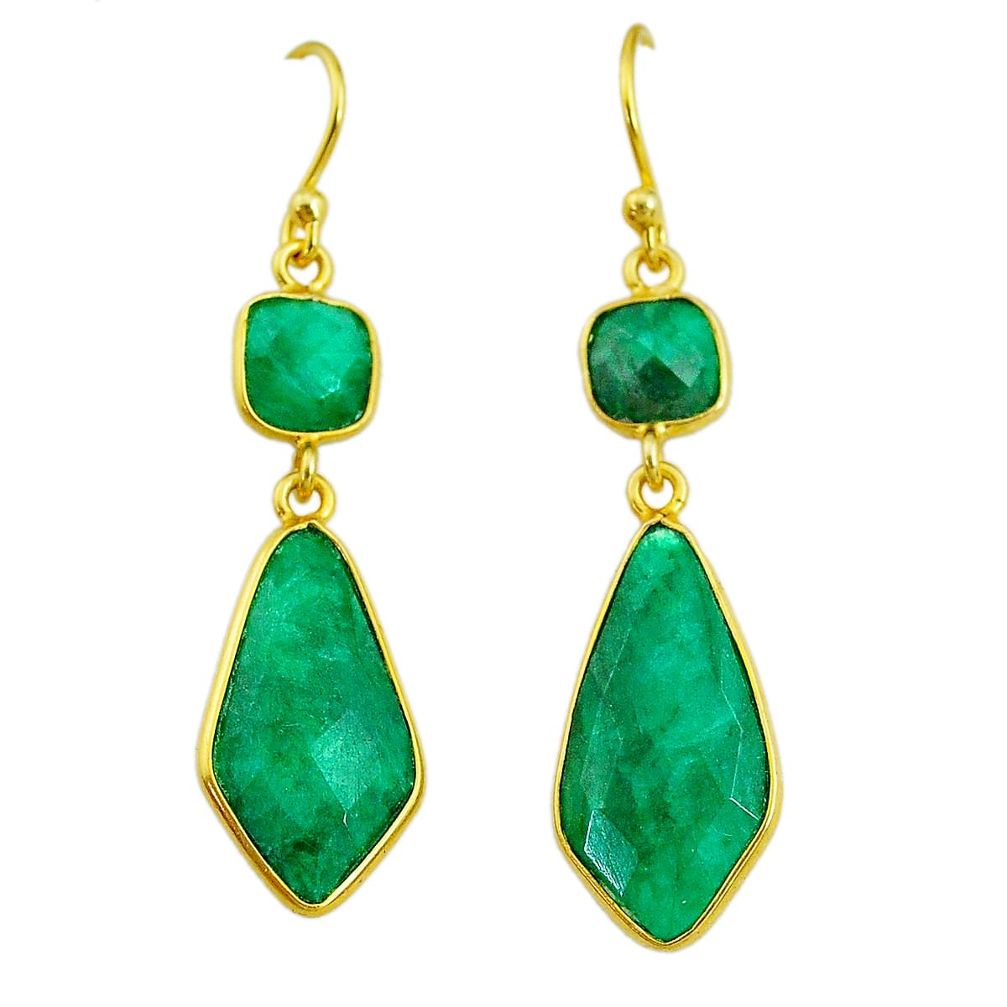 13.69cts natural green emerald 14k gold handmade dangle earrings t11656