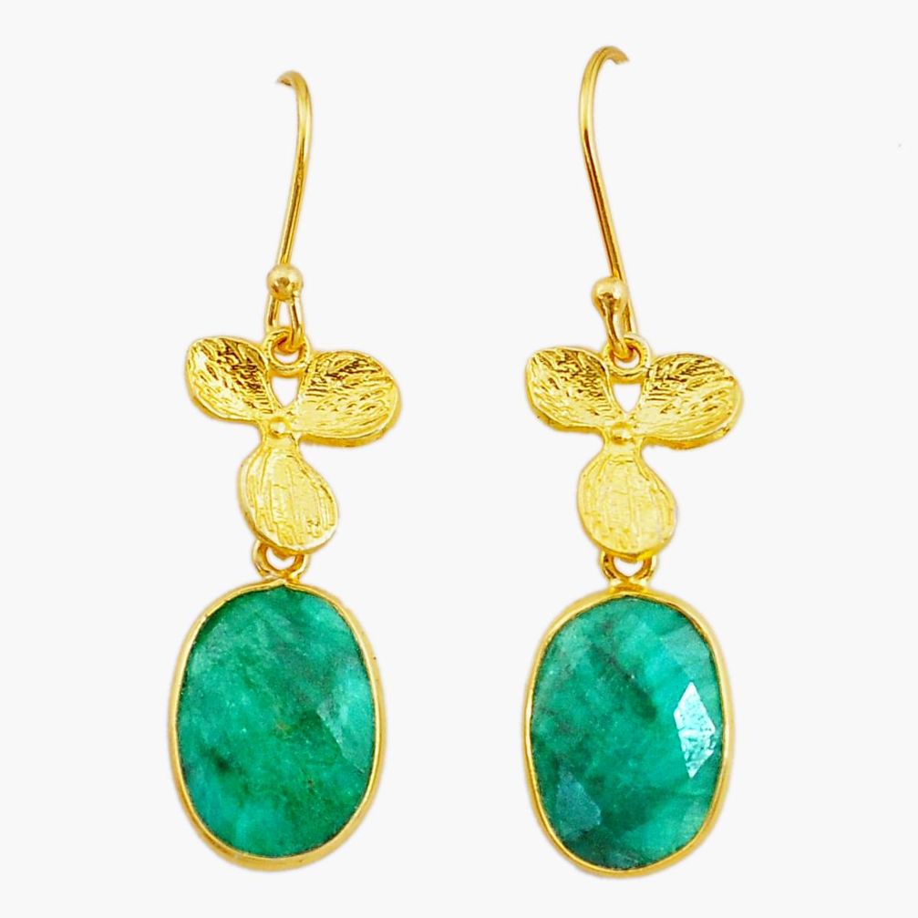 Handmade13.47cts natural green emerald 14k gold dangle earrings t16418