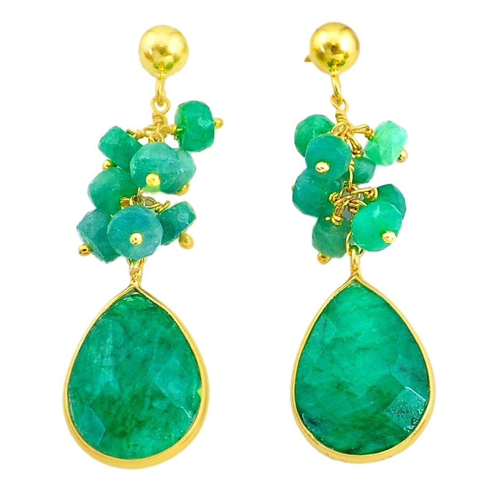 Handmade21.66cts natural green emerald 14k gold dangle earrings t16595