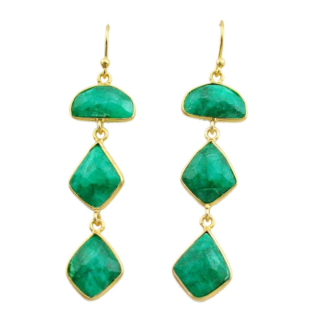 925 silver 16.97cts natural green emerald 14k gold dangle earrings t44147