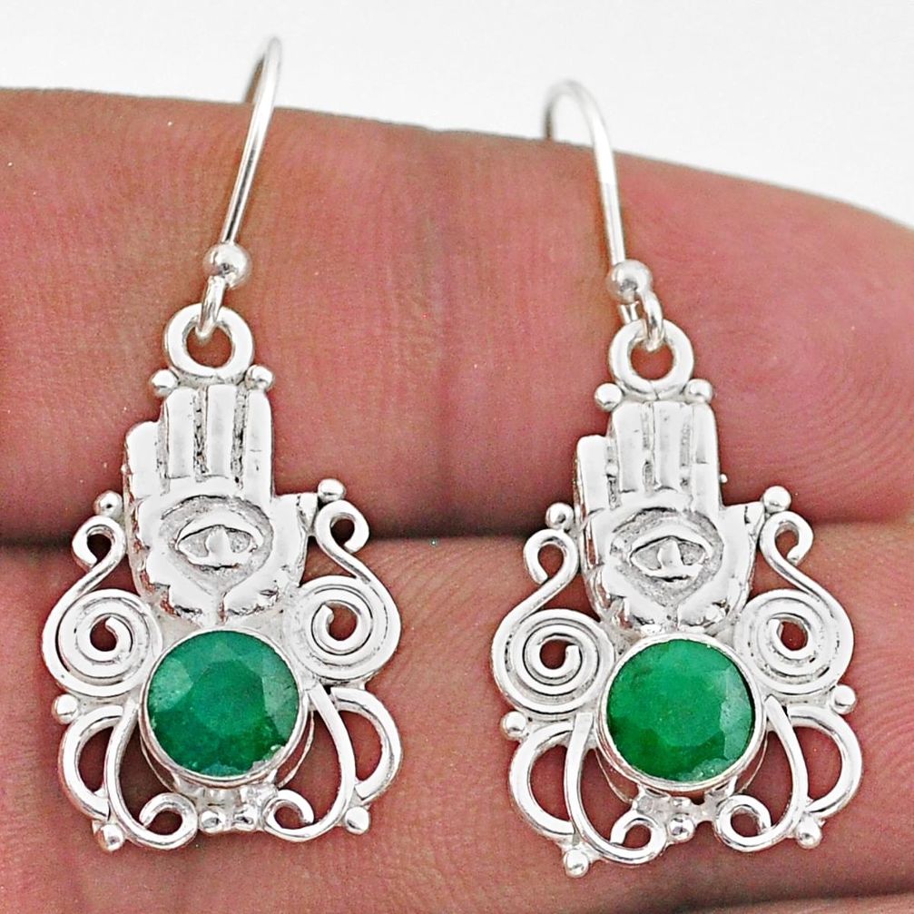 925 silver 2.44cts natural green emerald hand of god hamsa earrings t47044