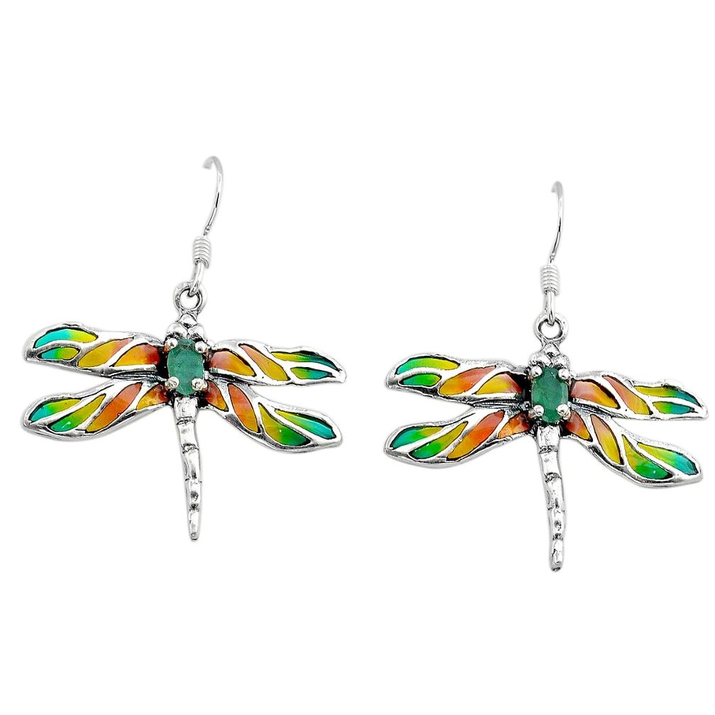 925 silver 1.74cts natural green emerald yellow enamel dragonfly earrings c29647