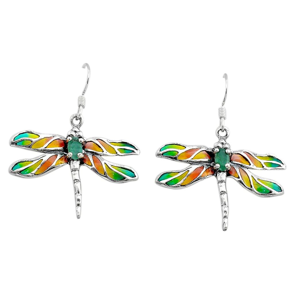 925 silver 1.75cts natural green emerald yellow enamel dragonfly earrings c29657