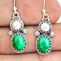 925 silver 6.58cts natural green malachite white pearl dangle earrings u31813