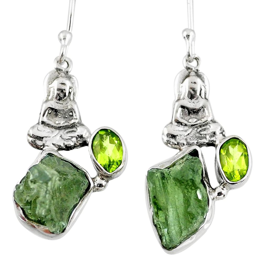 925 silver natural green moldavite (genuine czech) buddha charm earrings r57257