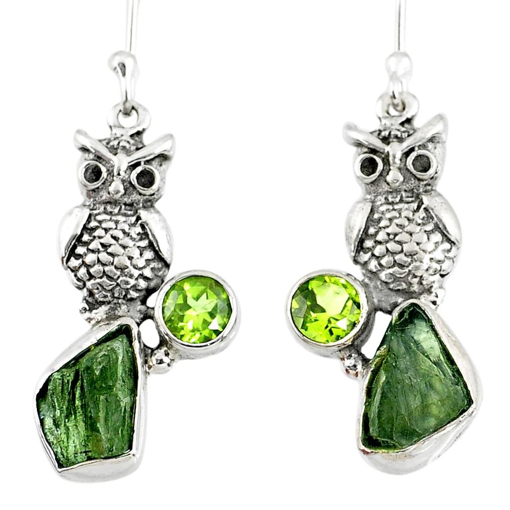 925 silver 10.05cts natural green moldavite (genuine czech) owl earrings r57334