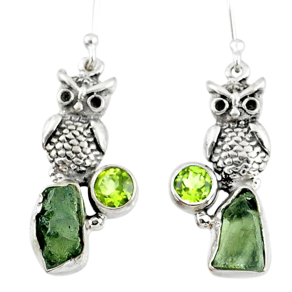 925 silver 9.99cts natural green moldavite (genuine czech) owl earrings r57337