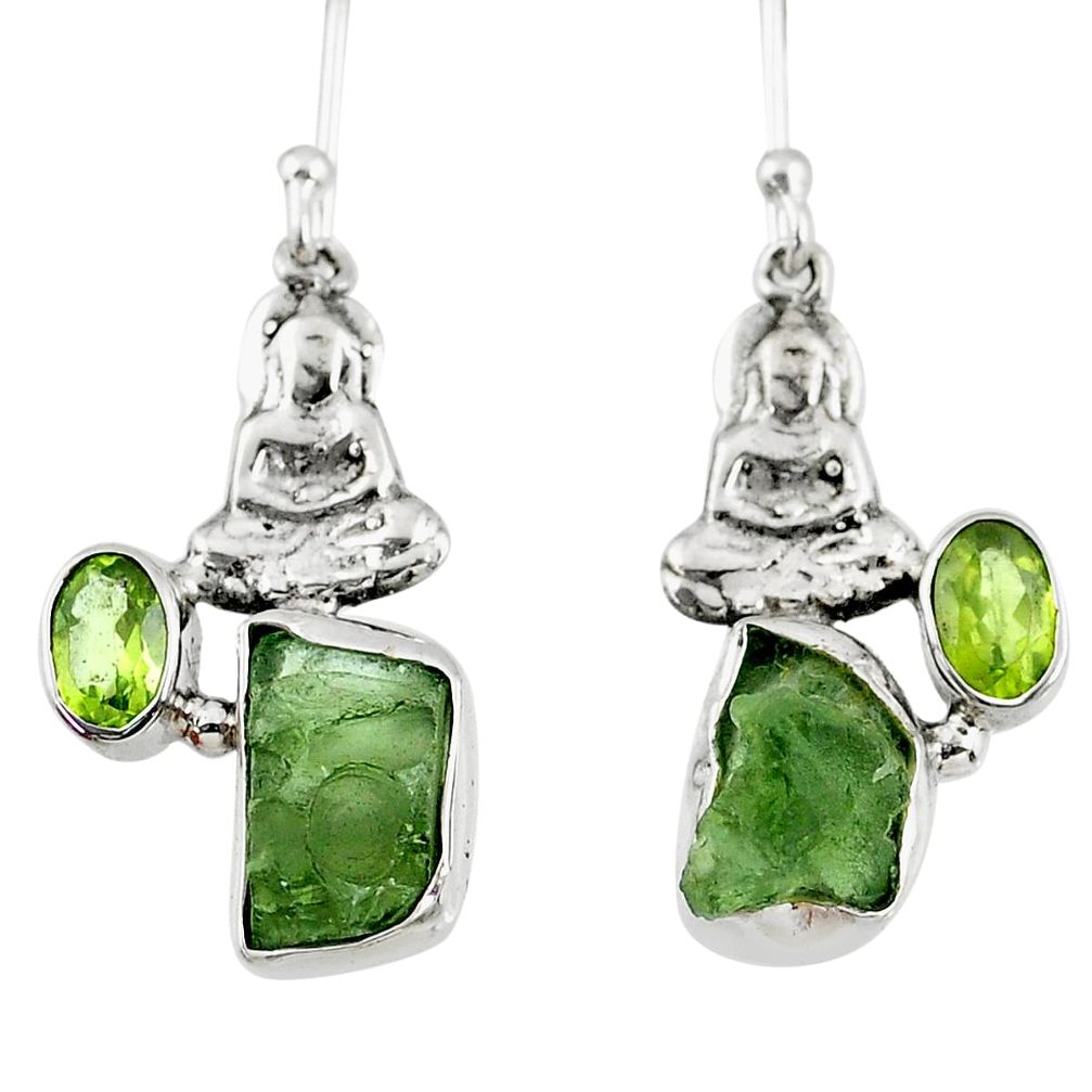925 silver 8.77cts natural green moldavite fancy buddha charm earrings r57252