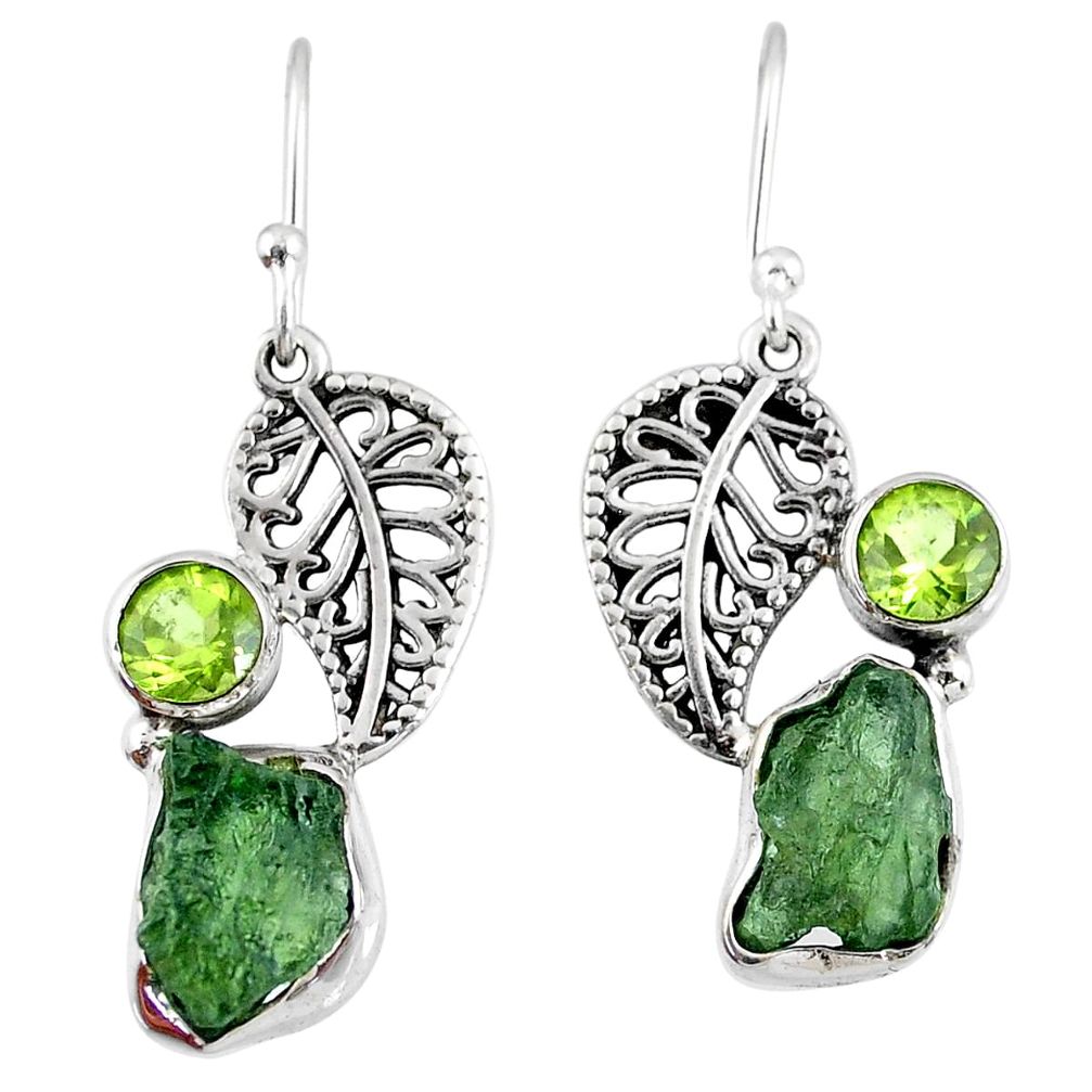 925 silver 9.56cts natural green moldavite peridot deltoid leaf earrings r57289
