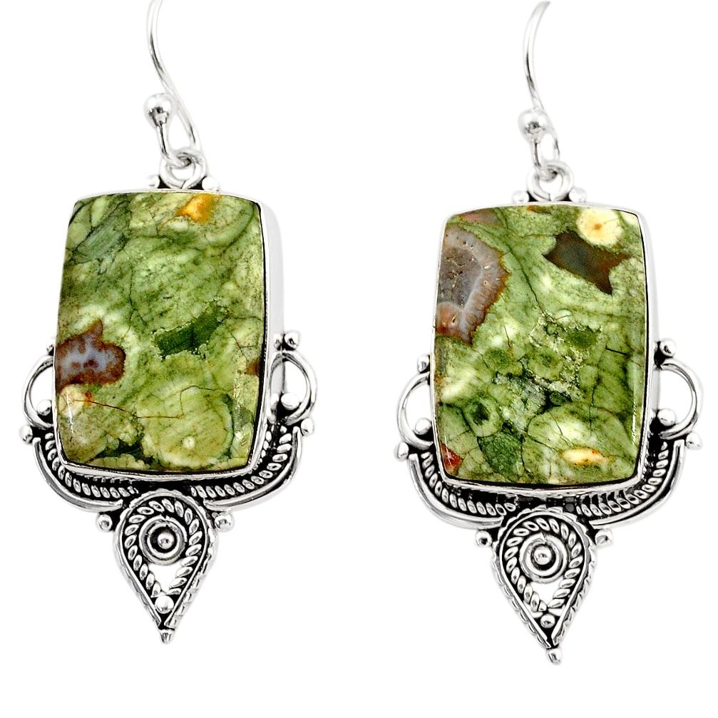 925 silver 21.48cts natural green rainforest rhyolite jasper earrings r30210