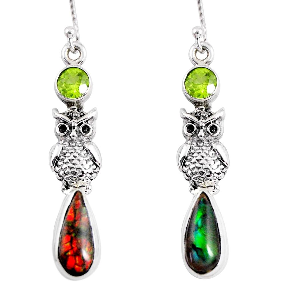 925 silver 10.01cts natural multi color ammolite (canadian) owl earrings r56248