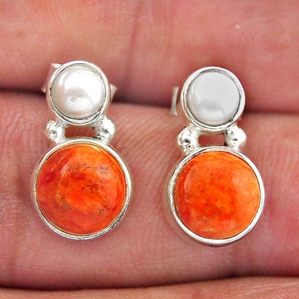 925 silver 6.43cts natural orange mojave turquoise pearl stud earrings n51126