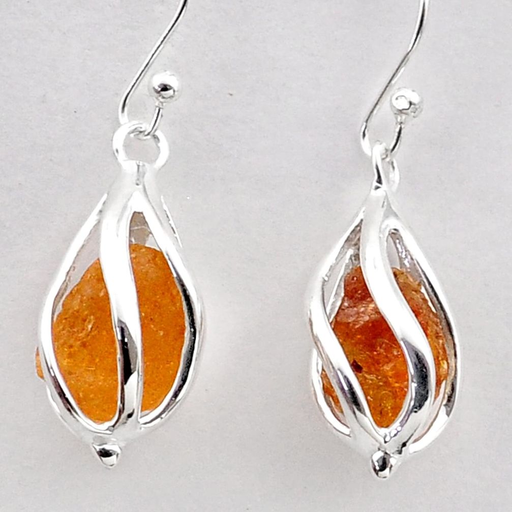 925 silver 6.79cts natural orange tourmaline rough fancy cage earrings t72016