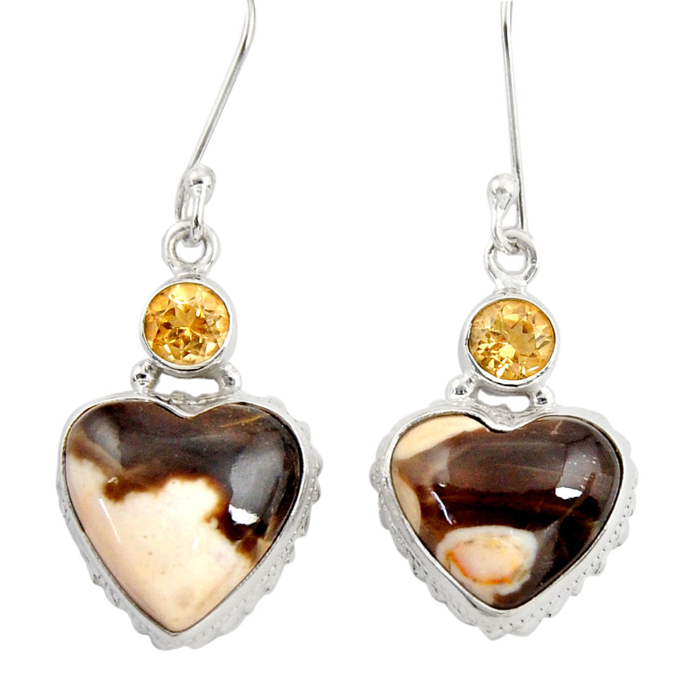 925 silver 20.07cts natural peanut petrified wood fossil heart earrings d39560