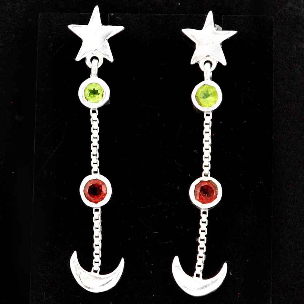 925 silver 1.94cts natural peridot red garnet moon star earrings r71211