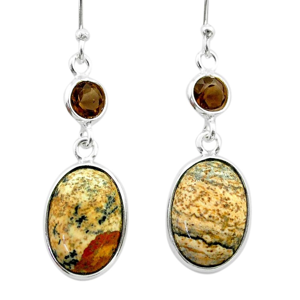 925 silver 9.02cts natural picture jasper smoky topaz dangle earrings t56038