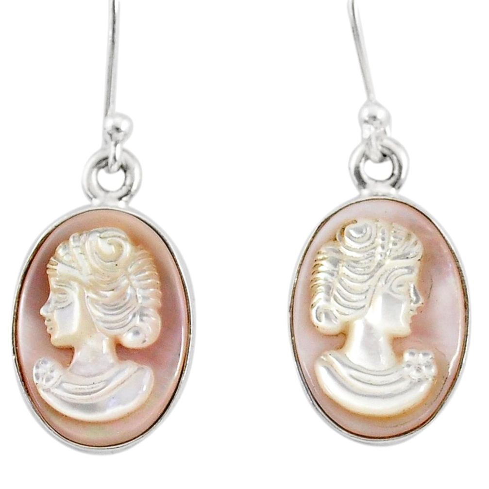 925 silver 7.50cts natural pink cameo on shell lady face earrings r80415