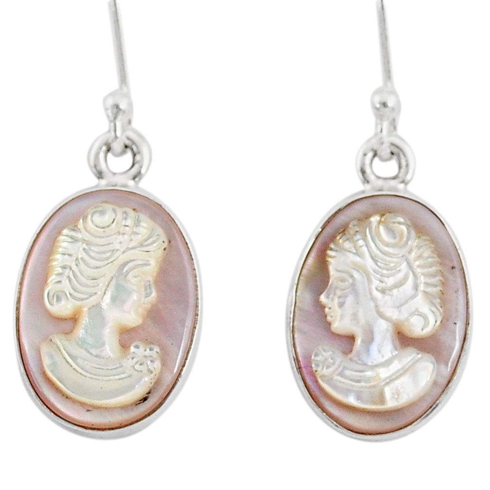 925 silver 7.45cts natural pink cameo on shell lady face earrings r80419