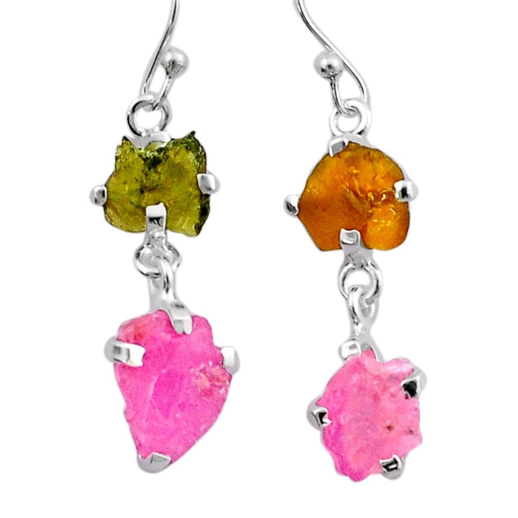 925 silver 10.00cts natural pink green tourmaline rough dangle earrings u26873