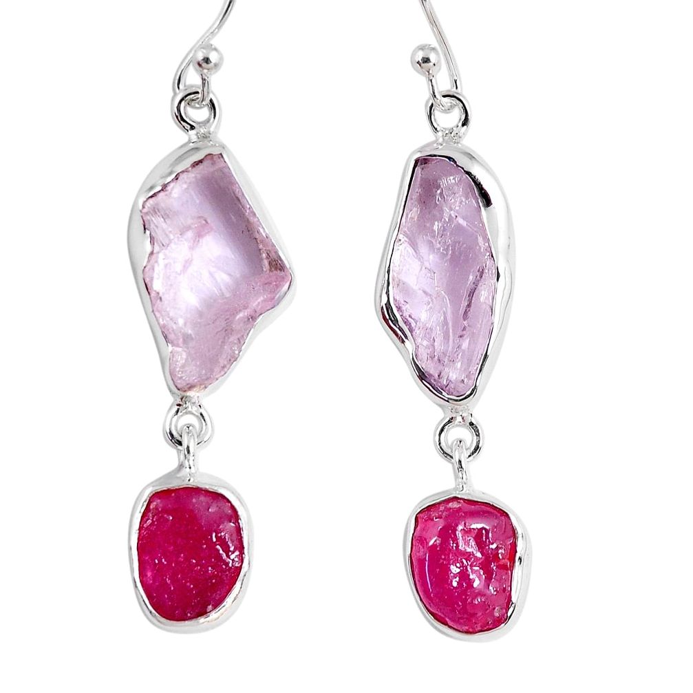 925 silver 16.70cts natural pink kunzite rough ruby rough dangle earrings r55451