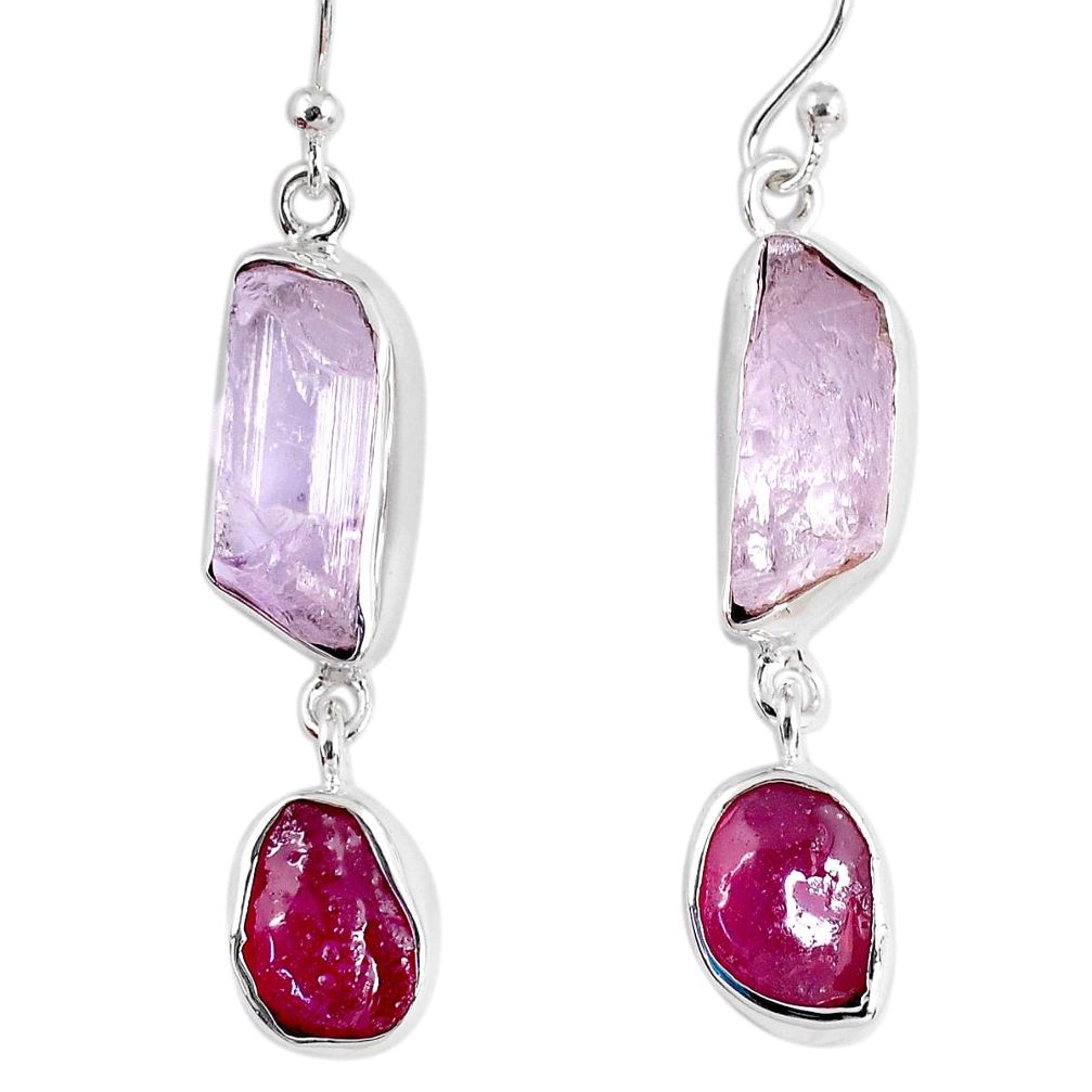 925 silver 17.18cts natural pink kunzite rough ruby rough dangle earrings r55455