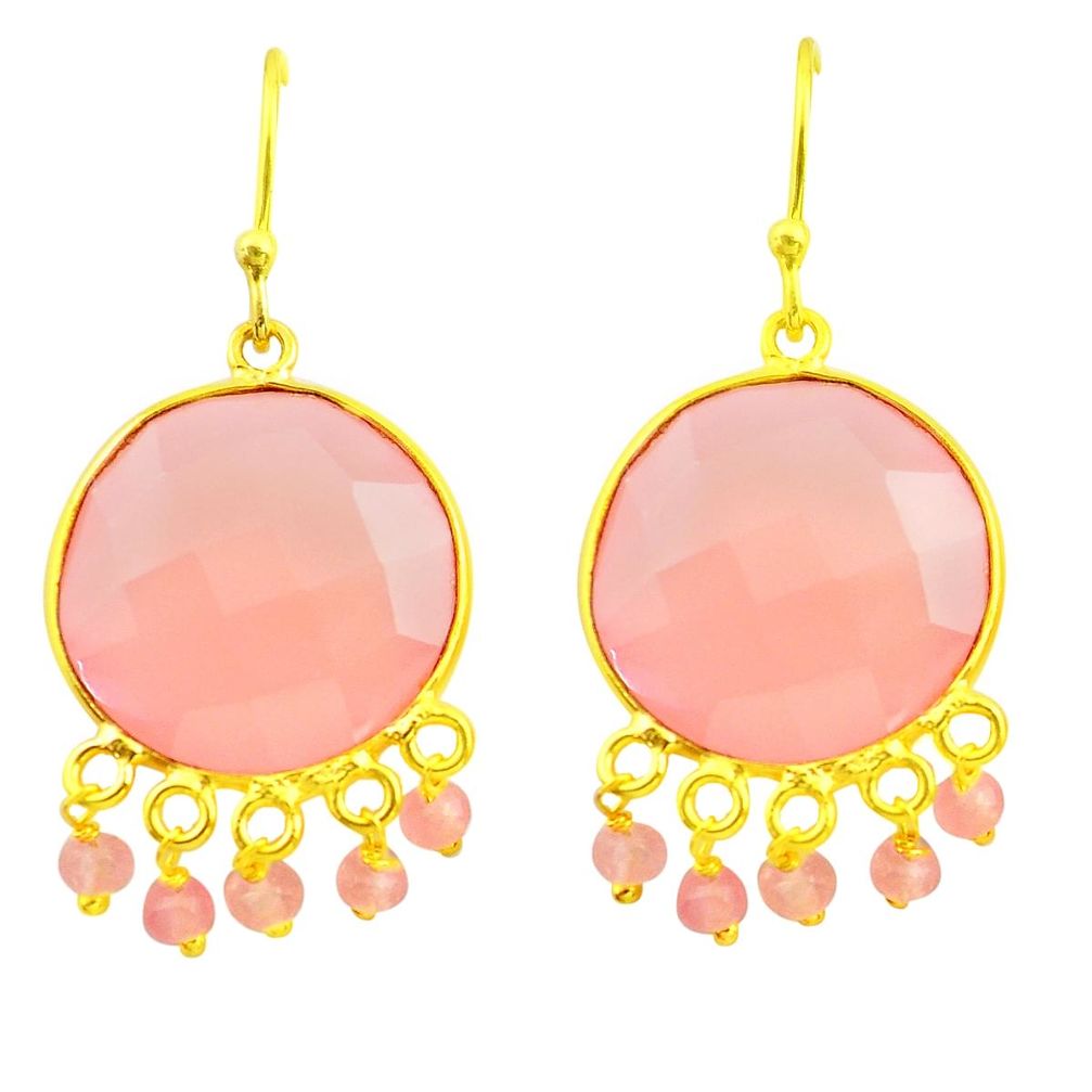 925 silver 20.33cts natural pink rose quartz 14k gold dangle earrings r38738