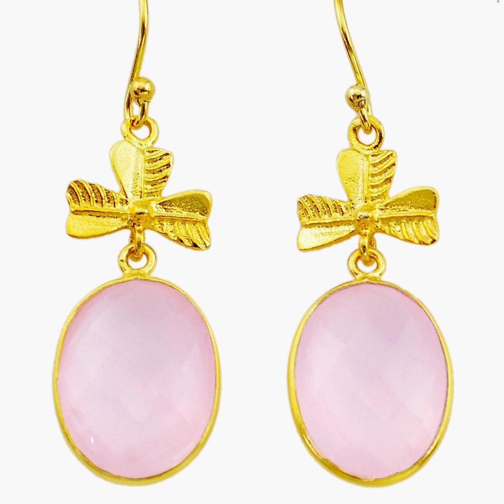 Handmade14.06cts natural pink rose quartz 14k gold dangle earrings t16360