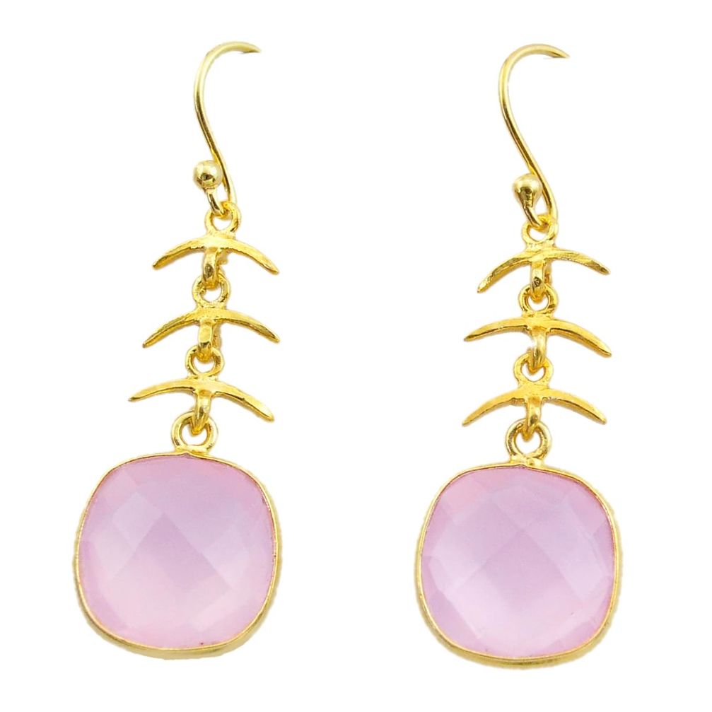 925 silver 11.60cts natural pink rose quartz 14k gold dangle earrings t44180