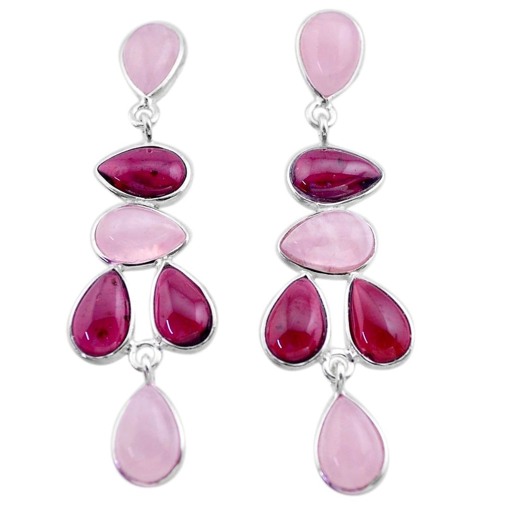 925 silver 18.76cts natural pink rose quartz garnet dangle earrings t30190