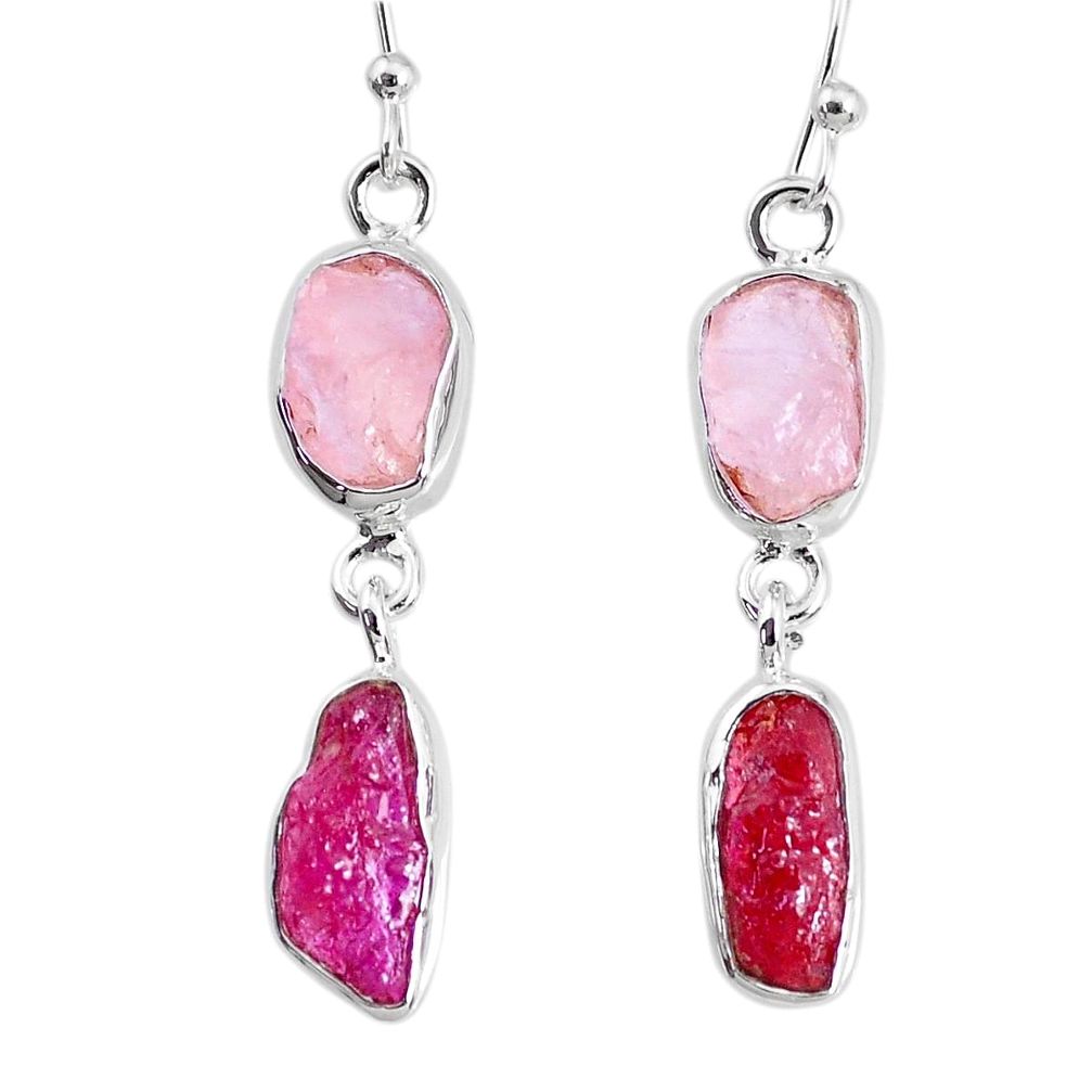 925 silver 9.37cts natural pink rose quartz raw ruby rough earrings r74258