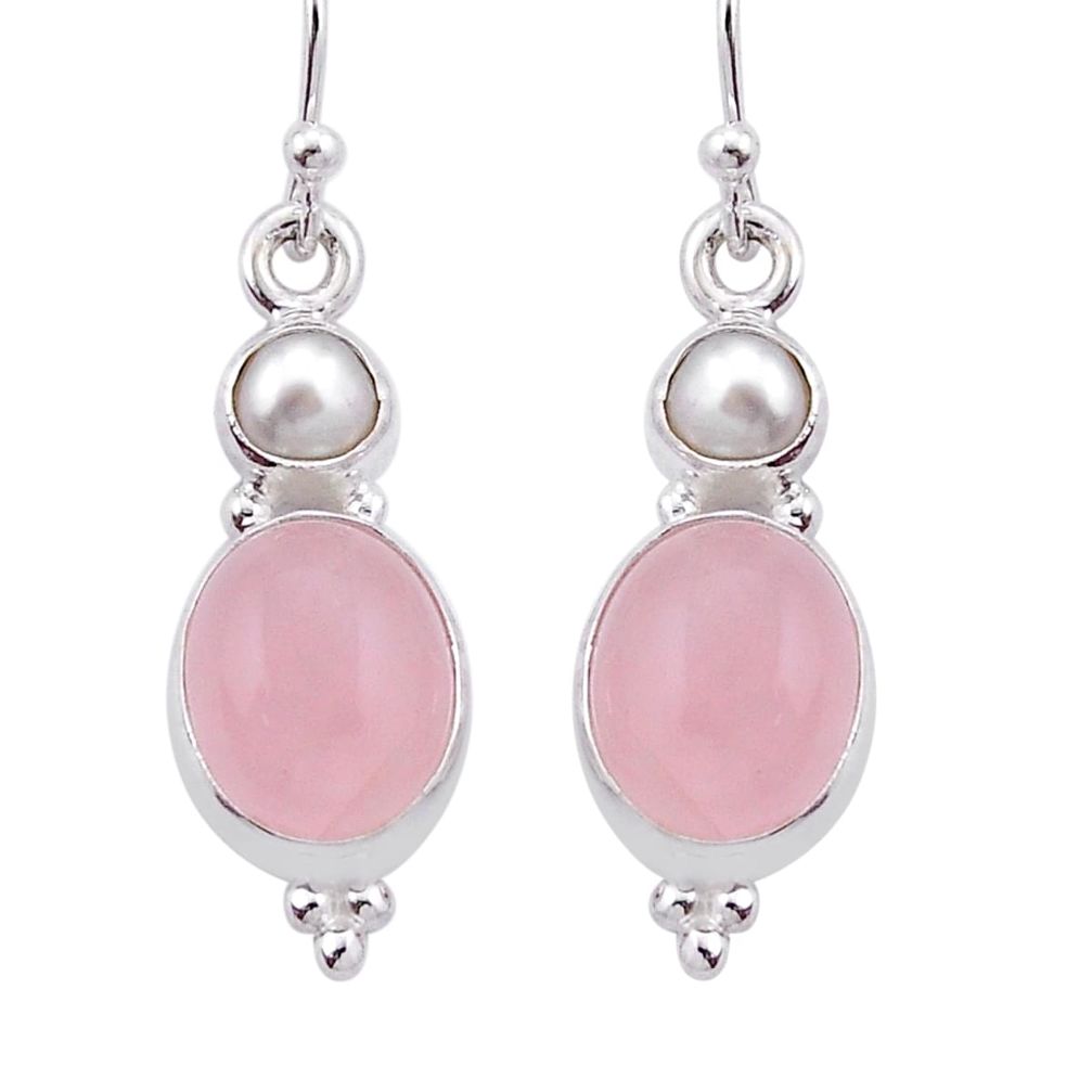 925 silver 10.39cts natural pink rose quartz white pearl dangle earrings n42779