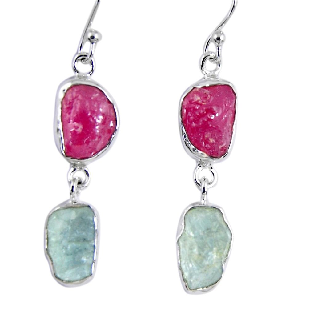 925 silver 16.17cts natural pink ruby rough aquamarine rough earrings r55384