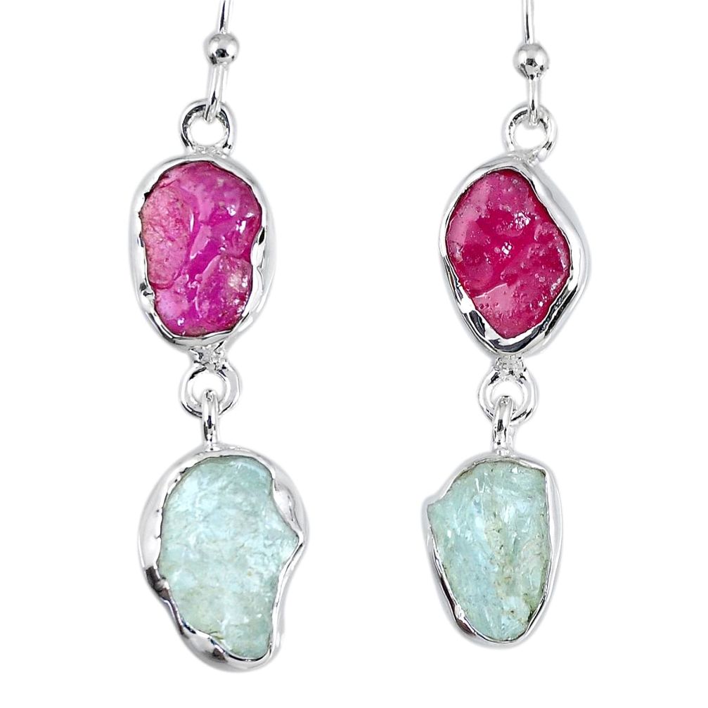 925 silver 14.47cts natural pink ruby rough aquamarine rough earrings r55415